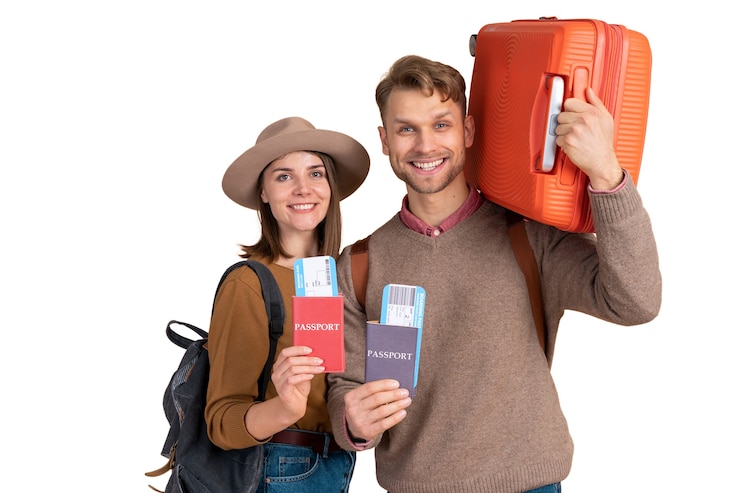PSD retrato, de, hombre y mujer, listo, para, un, viaje, viaje