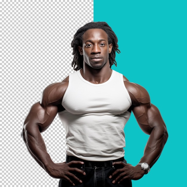Retrato de un hombre musculoso en una imagen png de fondo transparente.