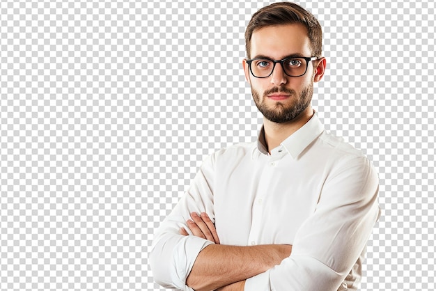 Retrato de un hombre de negocios con el brazo cruzado sobre un fondo blanco aislado