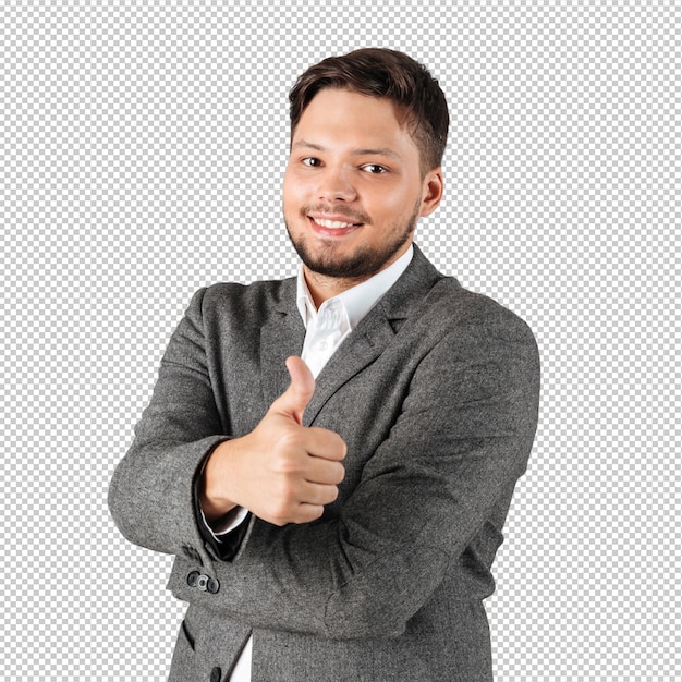 Retrato de un hombre de negocios confiado mostrando los pulgares hacia arriba