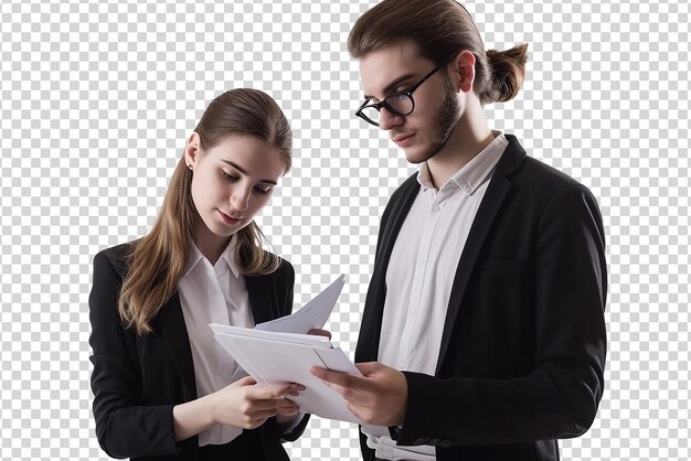 PSD retrato de un hombre de negocios con una mujer haciendo un trabajo de papel en un fondo blanco aislado