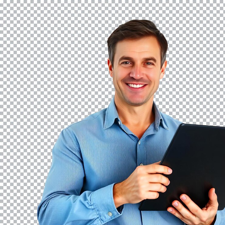 PSD retrato de un hombre de negocios de pie sosteniendo una computadora portátil y viendo los medios con una sonrisa feliz compartiendo web co