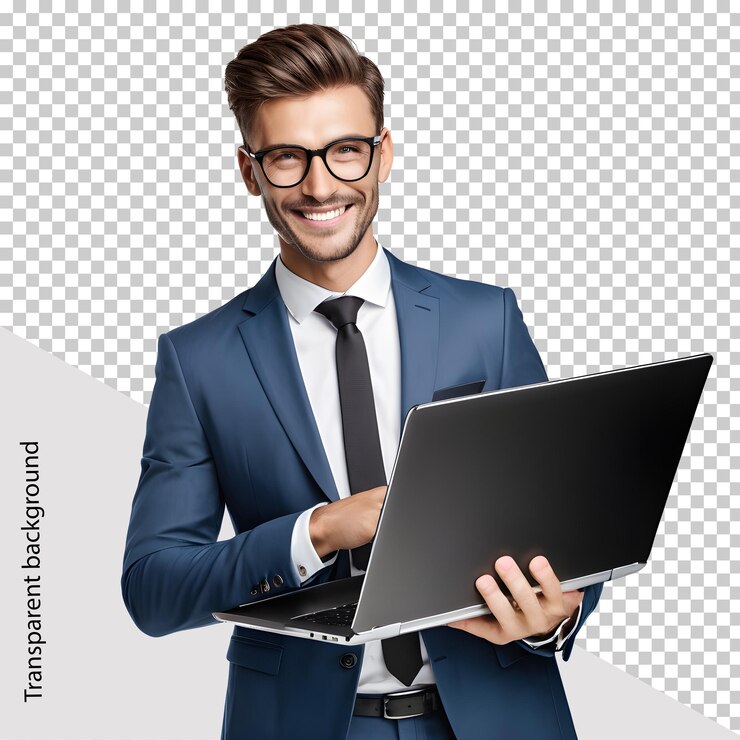 Retrato de un hombre de negocios sosteniendo una computadora portátil aislada sobre un fondo transparente