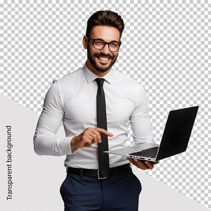 Retrato de un hombre de negocios sosteniendo una computadora portátil aislada sobre un fondo transparente
