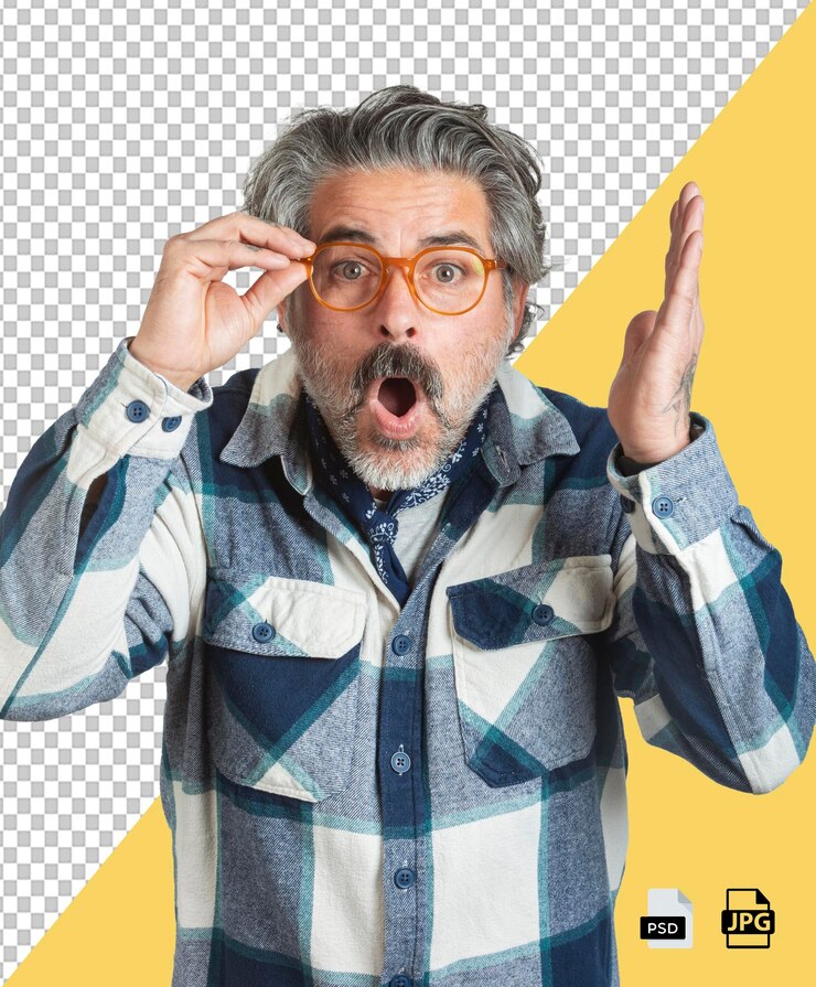 PSD retrato de un hombre sorprendido tocando sus gafas y mirando a la cámara png transparente