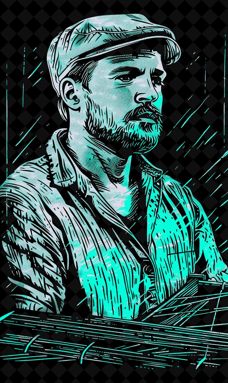 PSD retrato de hombre tejedor con camisa de lino y gorra con un telar y diseño de colores vívidos colecciones png