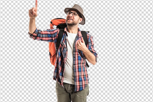 retrato de hombre viajero posando sobre fondo blanco aislado