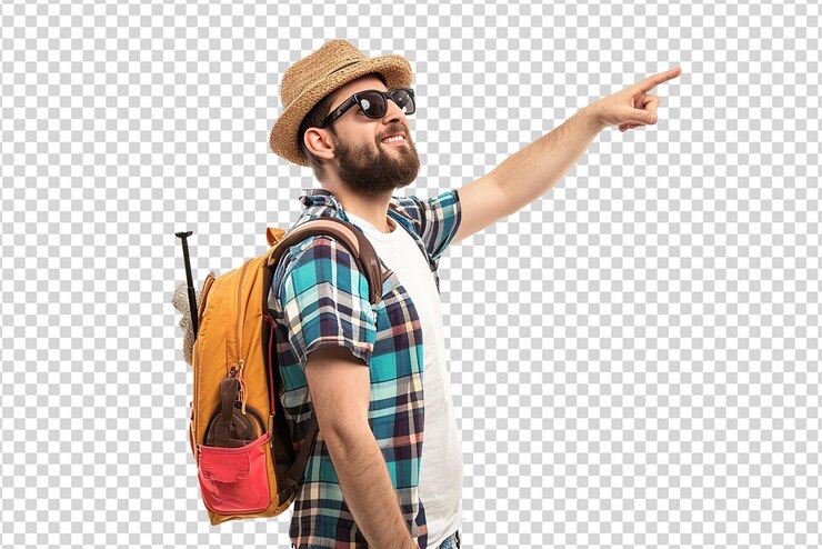 retrato de hombre viajero posando sobre fondo blanco aislado