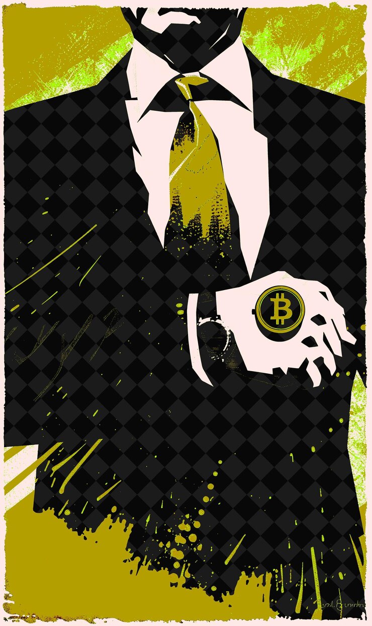 PSD retrato intuitivo del candidato presidencial que abraza bitcoin ilustración diseño de la campaña electoral