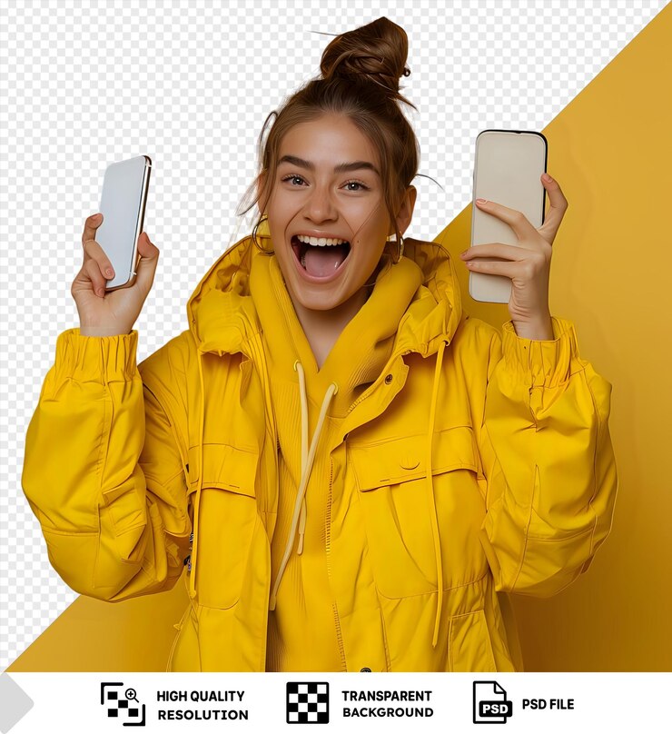 PSD retrato jovem mulher adulta tomando o telefone gritando orgulhoso e celebrando a vitória e o sucesso muito entusiasmado emoção aplaudindo png