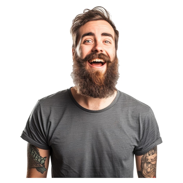 Retrato de un joven alegre y emocionado con barba que lleva una camiseta de pie