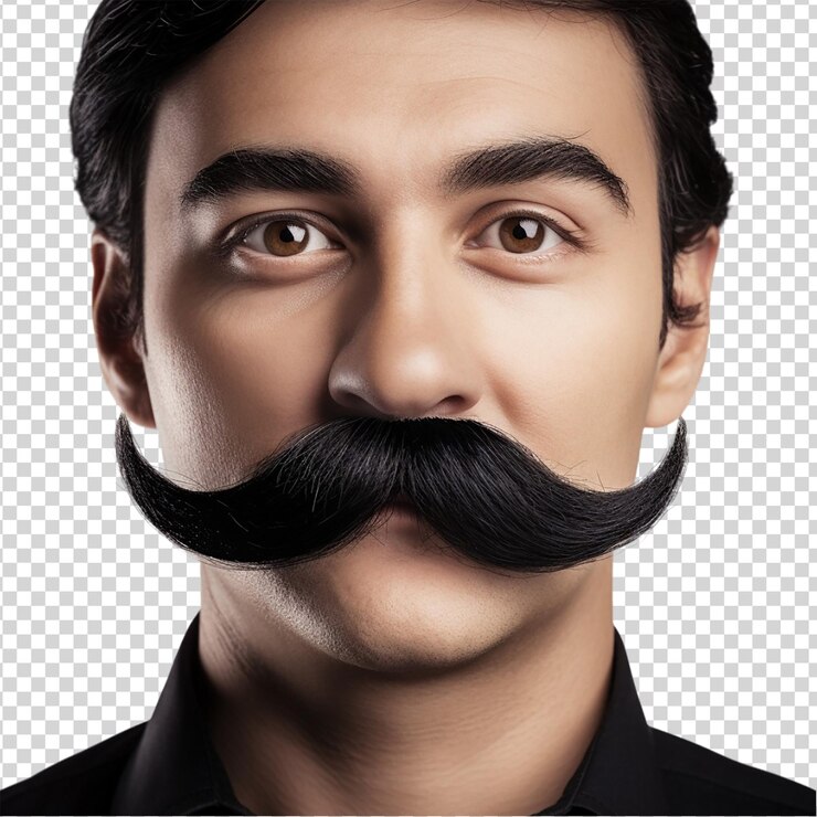 PSD retrato de un joven apuesto con bigote aislado sobre un fondo transparente
