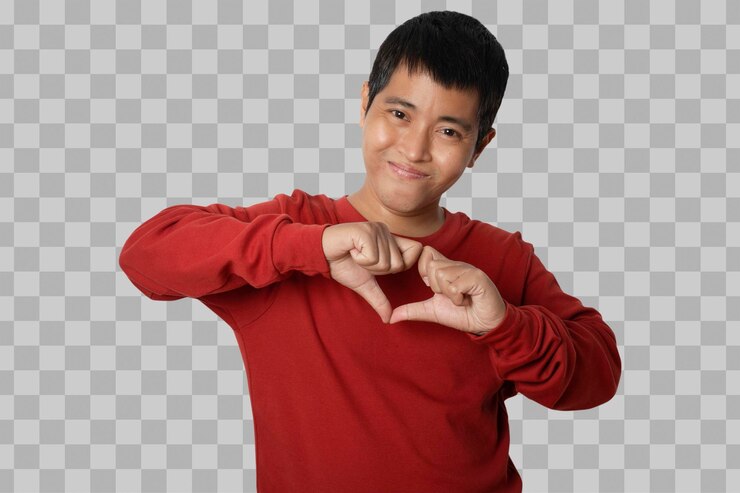 PSD retrato de un joven asiático mostrando el signo del corazón