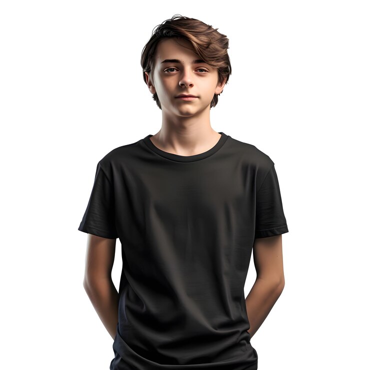 Retrato de un joven con camiseta negra aislado sobre un fondo blanco