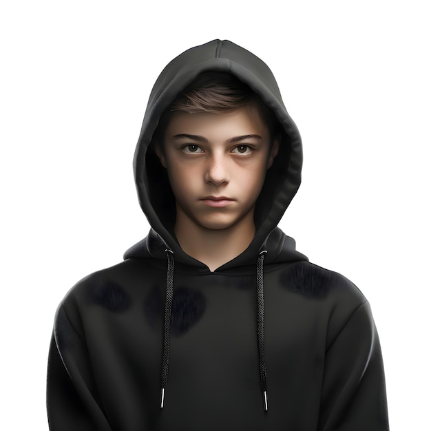 Retrato de un joven con capucha negra aislado sobre un fondo blanco