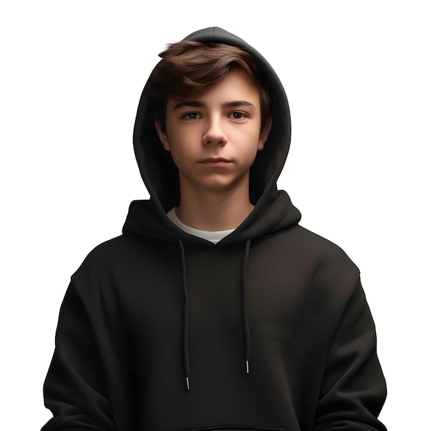 PSD retrato de un joven con capucha negra aislado sobre un fondo blanco