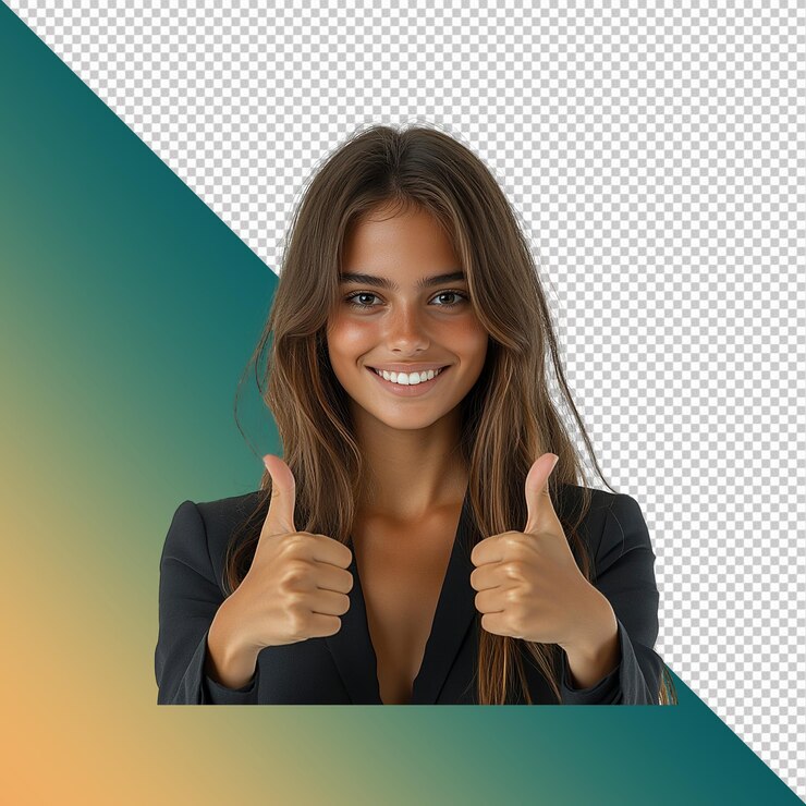 PSD retrato de una joven confiada que levanta dos pulgares