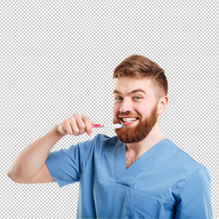 PSD retrato de un joven dentista enseñando a un paciente a cepillarse los dientes