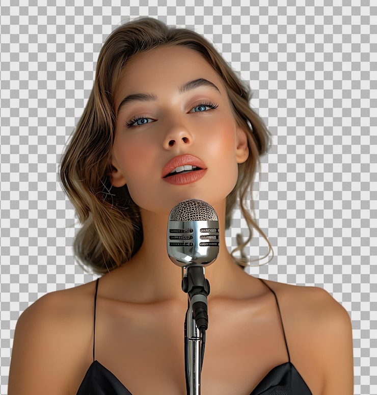 PSD retrato de una joven elegante con un micrófono sobre un fondo transparente