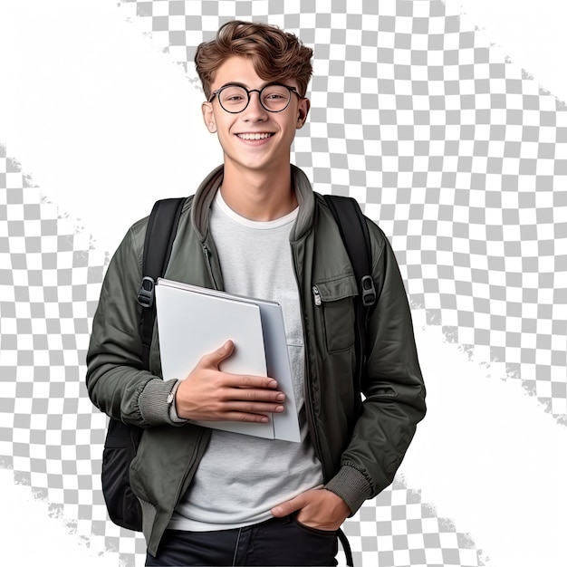 Retrato de un joven estudiante con ropa casual aislado sobre un fondo de estudio transparente desde la admisión hasta la graduación concepto de educación, estudio y estilo de vida estudiantil espacio de copia para publicidad