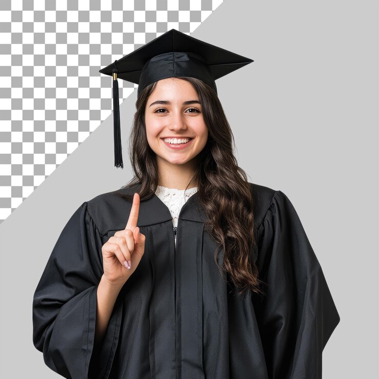 PSD retrato de una joven estudiante sonriente sosteniendo libros y notas con gafas y auriculares en un fondo transparente