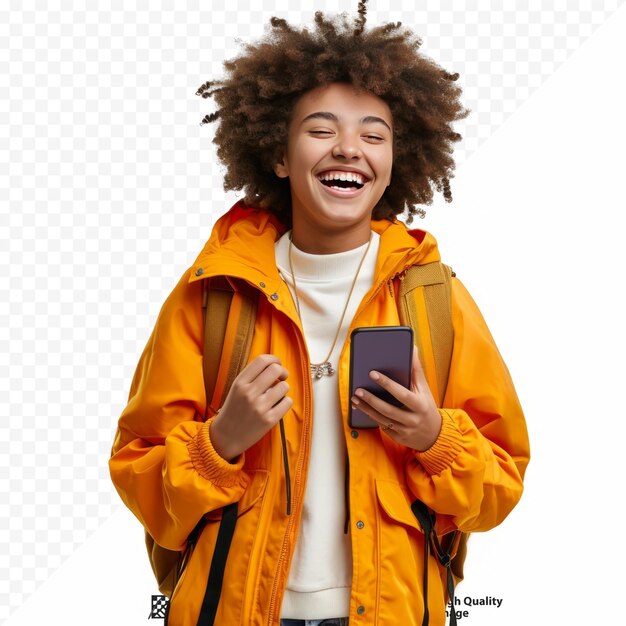 PSD retrato de una joven feliz riendo con una mochila y un teléfono móvil