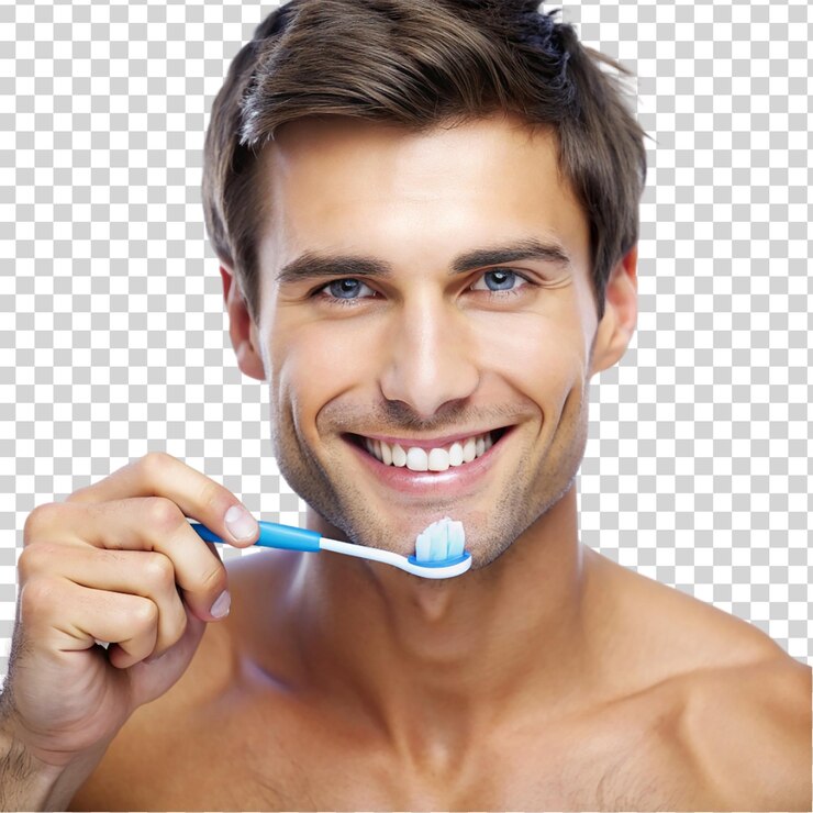 PSD retrato de un joven guapo con los dientes cepillados aislado sobre un fondo transparente