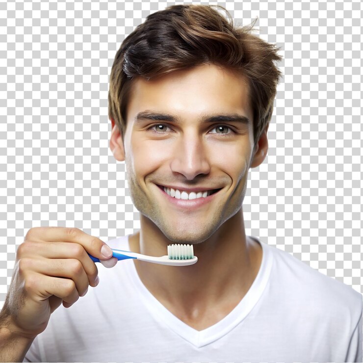 PSD retrato de un joven guapo con los dientes cepillados aislado sobre un fondo transparente