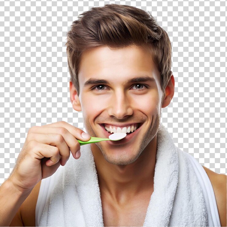 PSD retrato de un joven guapo con los dientes cepillados aislado sobre un fondo transparente