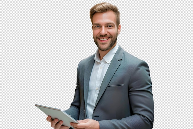 PSD retrato de un joven guapo y feliz sentado con una computadora portátil con los brazos extendidos aislados en blanco