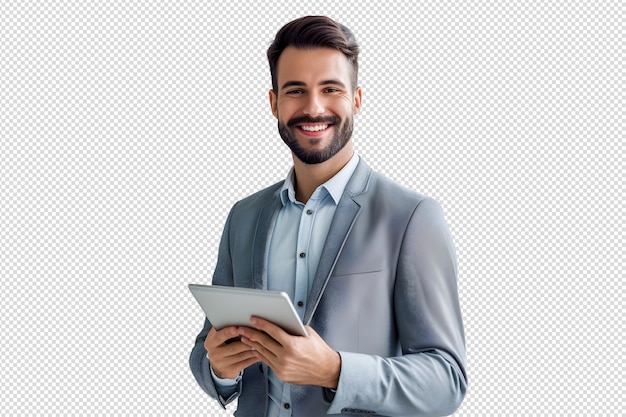 Retrato de un joven guapo y feliz sentado con una computadora portátil con los brazos extendidos aislados en blanco