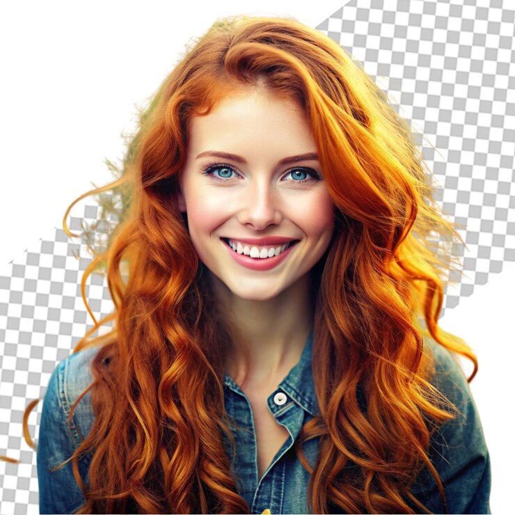 PSD retrato de una joven linda con el cabello rizado rojo y las pecas sonriendo
