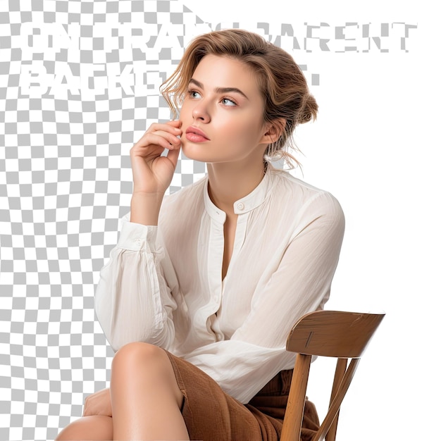 PSD retrato de una joven pensativa sentada en una silla aislada sobre un fondo transparente