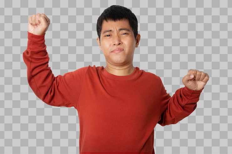 PSD retrato de un joven que hace gestos con dos manos perezosas estirándose