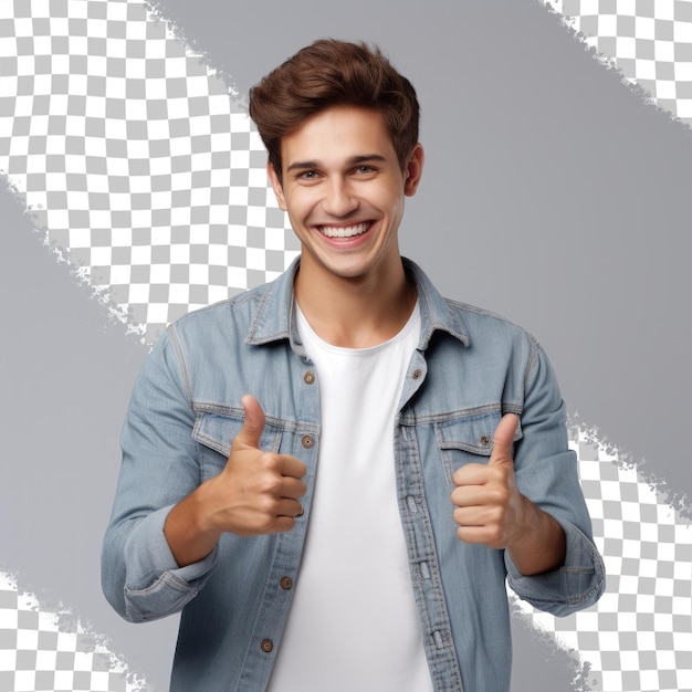 Retrato de un joven que levanta el pulgar sonriendo con un fondo transparente