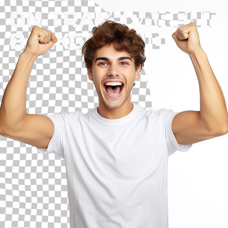 PSD retrato de un joven satisfecho celebrando el éxito aislado sobre un fondo transparente