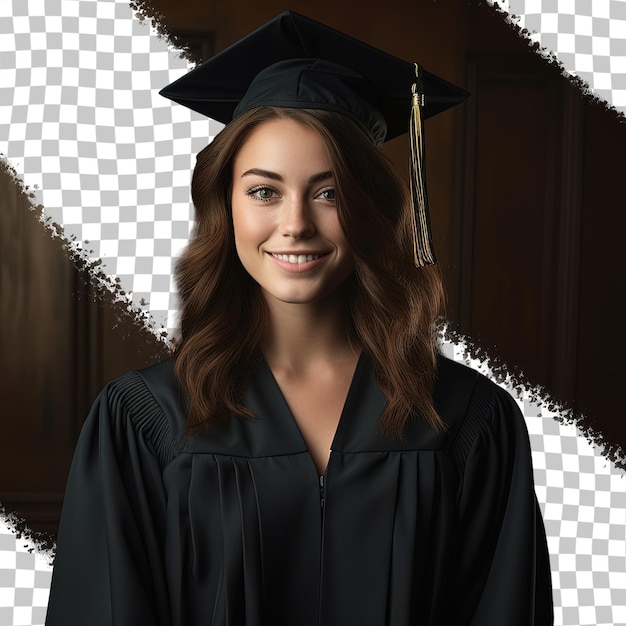 Retrato de una joven sonriente con túnica de graduación