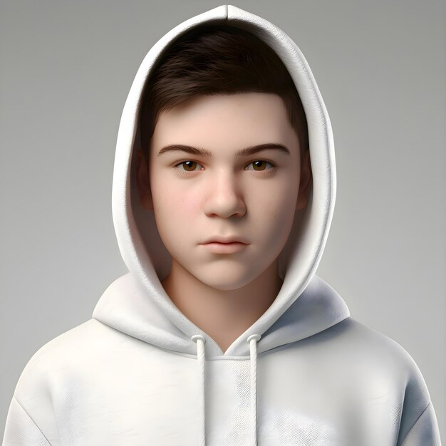 Retrato de un joven con una sudadera blanca con capucha en 3d