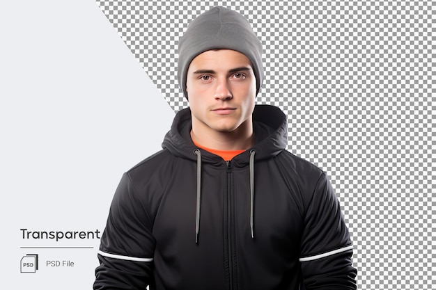 retrato de un joven con sudadera deportiva negra y sombrero png aislado sobre fondo transparente