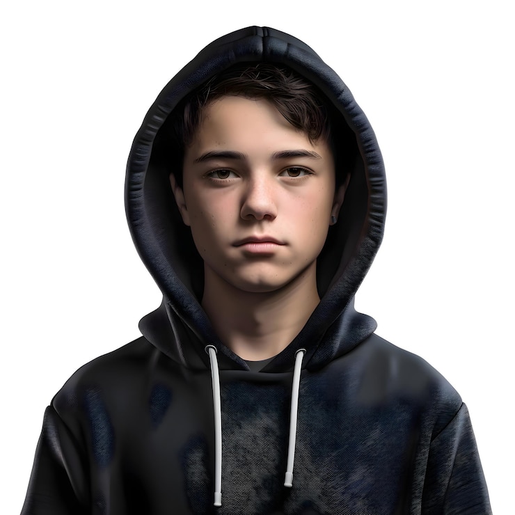PSD retrato de un joven con una sudadera negra aislada sobre un fondo blanco