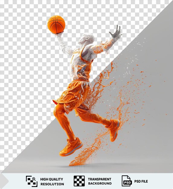 PSD retrato jugador de baloncesto 3d disparando una canasta contra un cielo gris y blanco con pantalones y zapatos naranjas con una mano levantada y un brazo extendido y una cabeza blanca visible en el fondo
