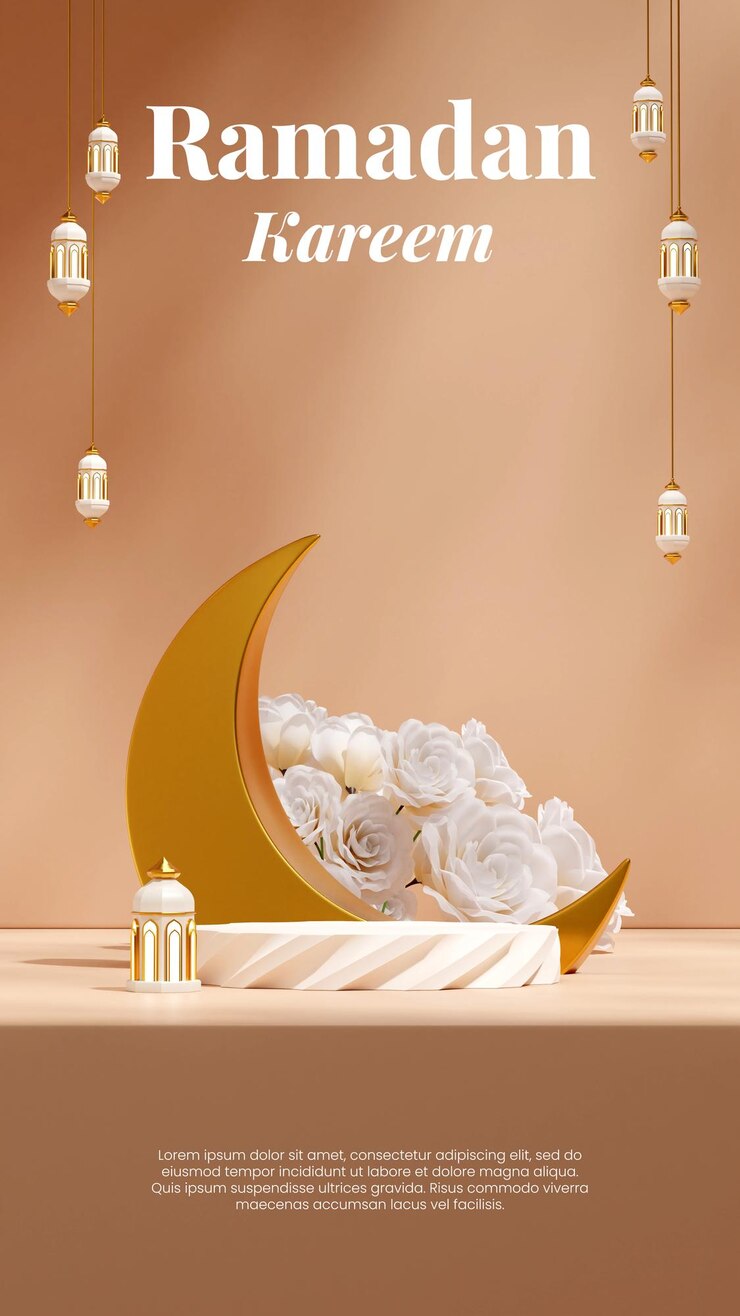 PSD en retrato lámpara árabe y flor blanca ramadan kareem, representación 3d maqueta en blanco podio blanco