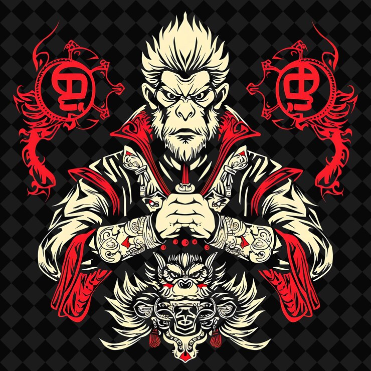 PSD retrato de langur kung fu asiático ágil sosteniendo un perforador emei w ilustración personaje de guerrero animal