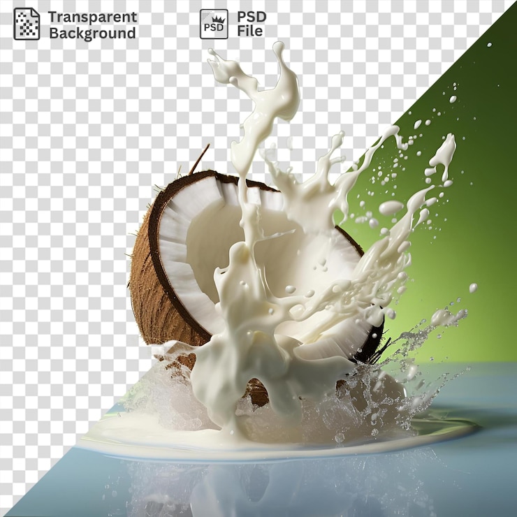 PSD retrato de leche salpicada en un plato blanco con un coco marrón en una mesa azul