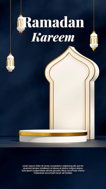 en retrato con linternas 3d renderizado maquete en blanco podio de Ramadhan