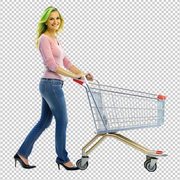 retrato de longitud completa de una mujer empujando una compra en un fondo transparente