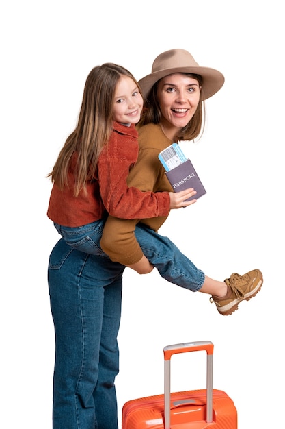 PSD retrato de madre e hija preparándose para un viaje juntos