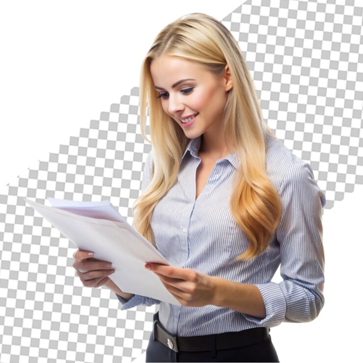 PSD retrato del maestro escribiendo en el clipboard y sonriendo en un fondo transparente