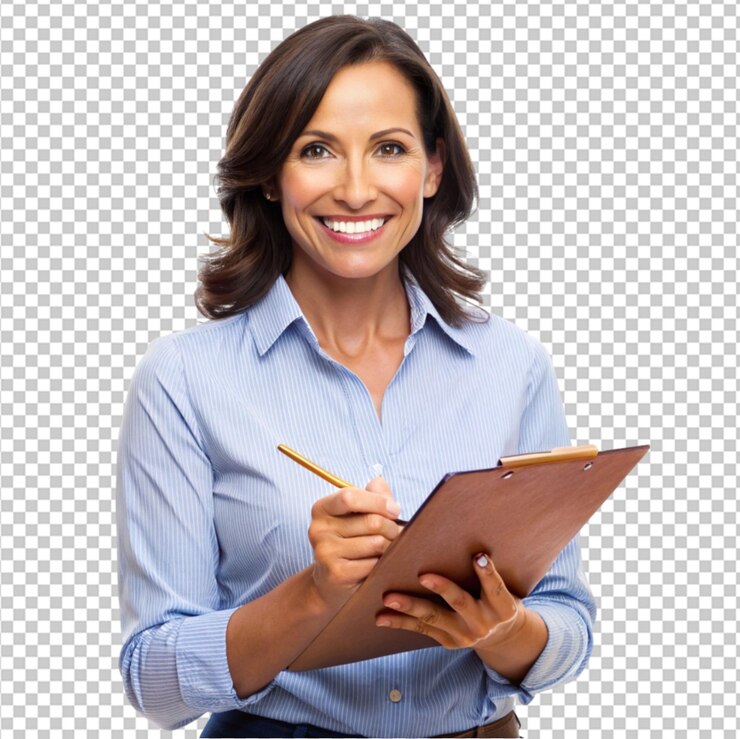 PSD retrato del maestro escribiendo en el clipboard y sonriendo en un fondo transparente