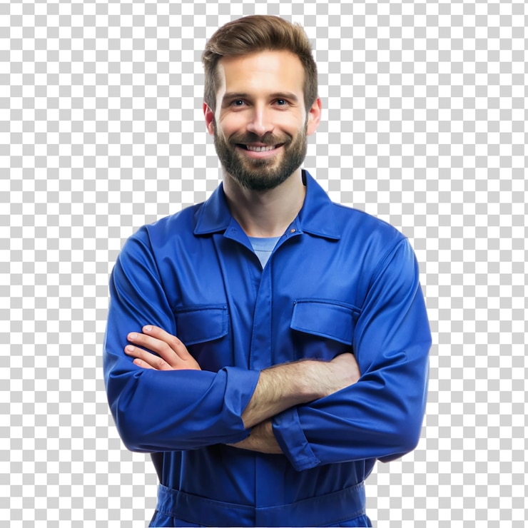 PSD retrato de un mecánico caucásico en un mono azul aislado sobre un fondo transparente